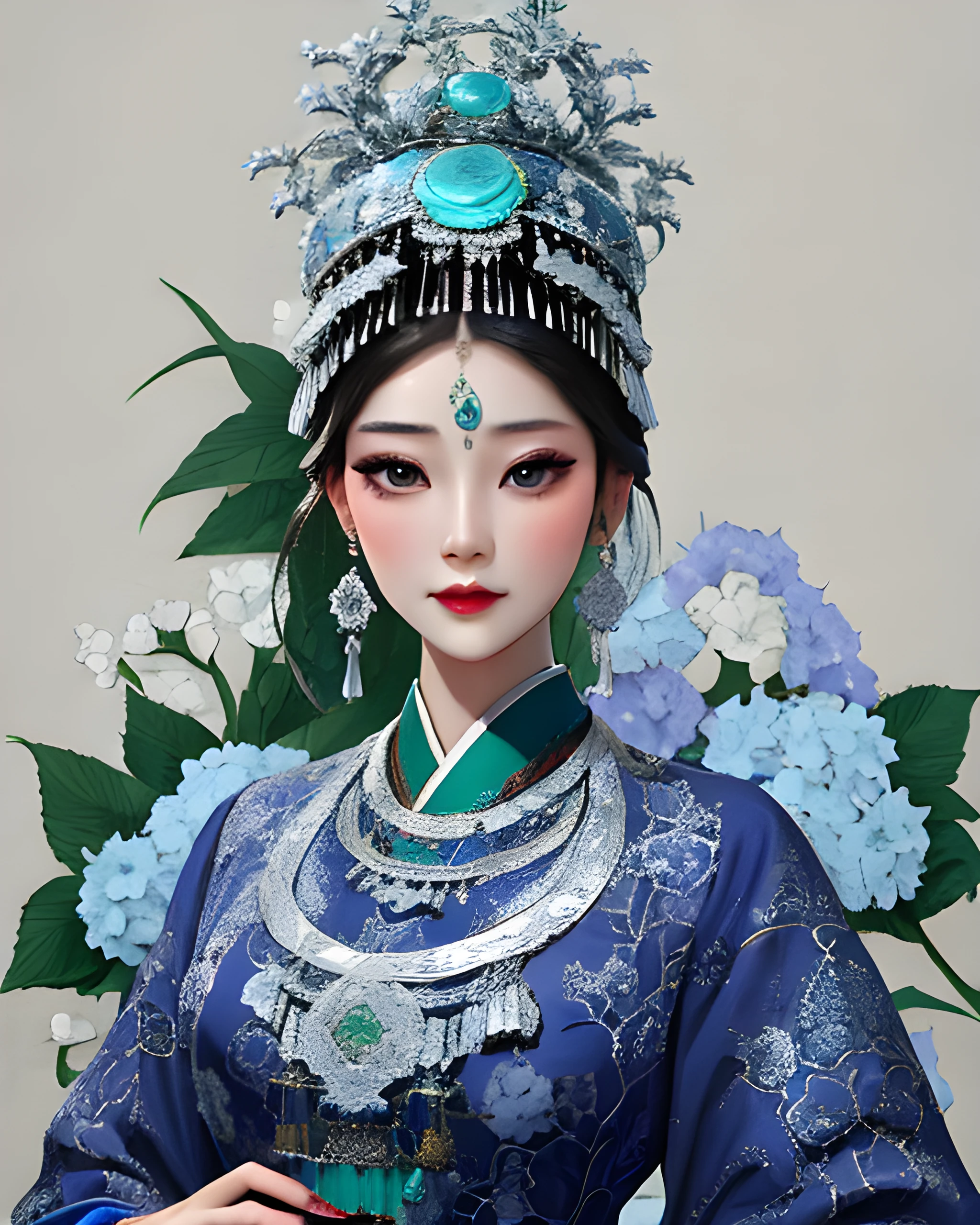 (woman wearing miaofashion)1.2, portrait, extremely fancy up-do, (hydrangea wallpaper), decorative wrought-iron fence, extremely detailed clothes, slate-blue green and white, opal jewelry, extravagant jewelry, masterpiece, 8k, highest quality, trending on artstation