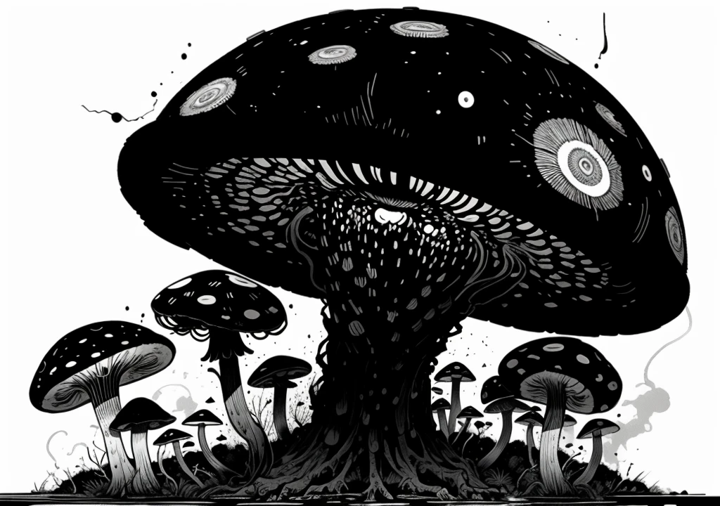 best quality,masterpiece,<lyco:itoStyleLoRA:0.6>,junji ito style,inked,horror manga,mushroom,bioluminescent,