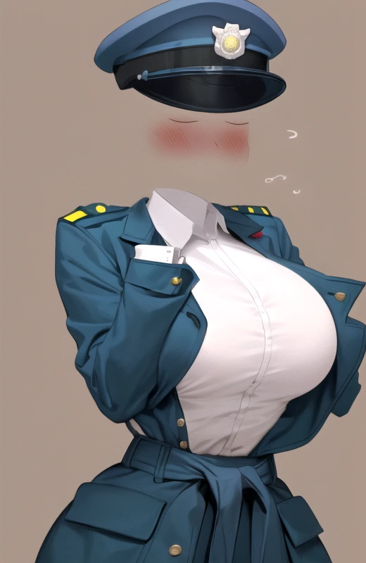 1girl, solo, ((invisible)), upper body, policewoman,  ((no humans)),  (headless),  no headwear,  park, huge breasts, narrow waist, blush, ((cartoon))