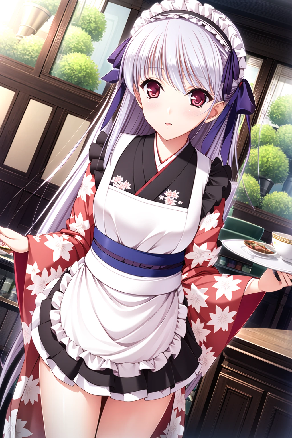 ((masterpiece, high quality, best quality)),
1girl, very long hair, dutch angle, white hair, (kimono:1.3), smile, maid headdress, apron, teacup, skirt, ribbon, plate, white panties, red eyes, indoors, frills, red ribbon, frill skirt,  skirt hold, holding, one eye closed, tray, looking at viewer, long sleeves, table, chair, hair ribbon, standing, waitress,
<lora:kk-style_v2.1:1>