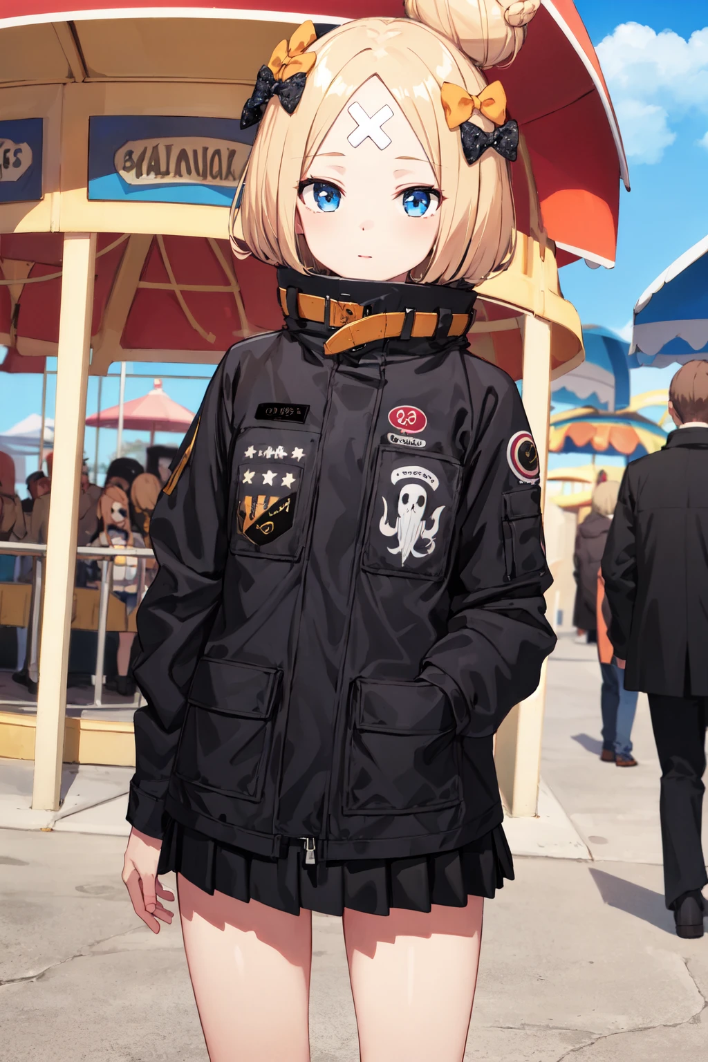 masterpiece, best quality, highres, hmaw3, short hair, bow, single hair bun, (black jacket:1.2), skirt, <lora:abigail_v1:0.8>, cowboy shot, standing, amusement park,