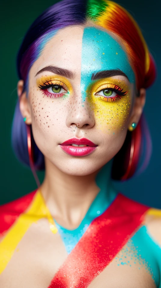 beautiful extra small lady, freckles, brilliant glitter makeup, (red and blue and yellow and green and vitiligo skin: 1.5), perfect sexy breasts, hyperdetailed photography, soft light, head and breast portrait, cover,, best quality, (detailed beautiful face, detail skin texture, ultra-detailed body:1.1)