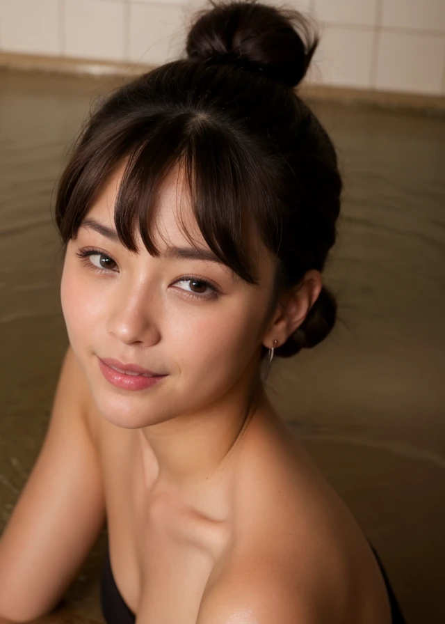 Ultra-high quality photos, RAW photo, beautiful detailed face and eyes, (photorealistic:1.4), best quality, highres, realistic, 16k, caustics, Core shadow, dynamic light, beautiful and delicate lips, delicate fingers, detailed pupil, real human skin, (Extremely detailed), RAW photo, nsfw, panty shot, sitting woman, 25 yo, (bangs hair:1.2), faint lips, cowboy shot, from below , (light brown hair, side bun hair:1.36), teasing smile,
(freckles, mole:0.2), (skin spots, acnes, skin blemishes, age spot, lanugo, pimple, blood spot, dirty,:0.2)
(in the hot spring:1.3), her peaceful expression and gentle breathing create a calming atmosphere