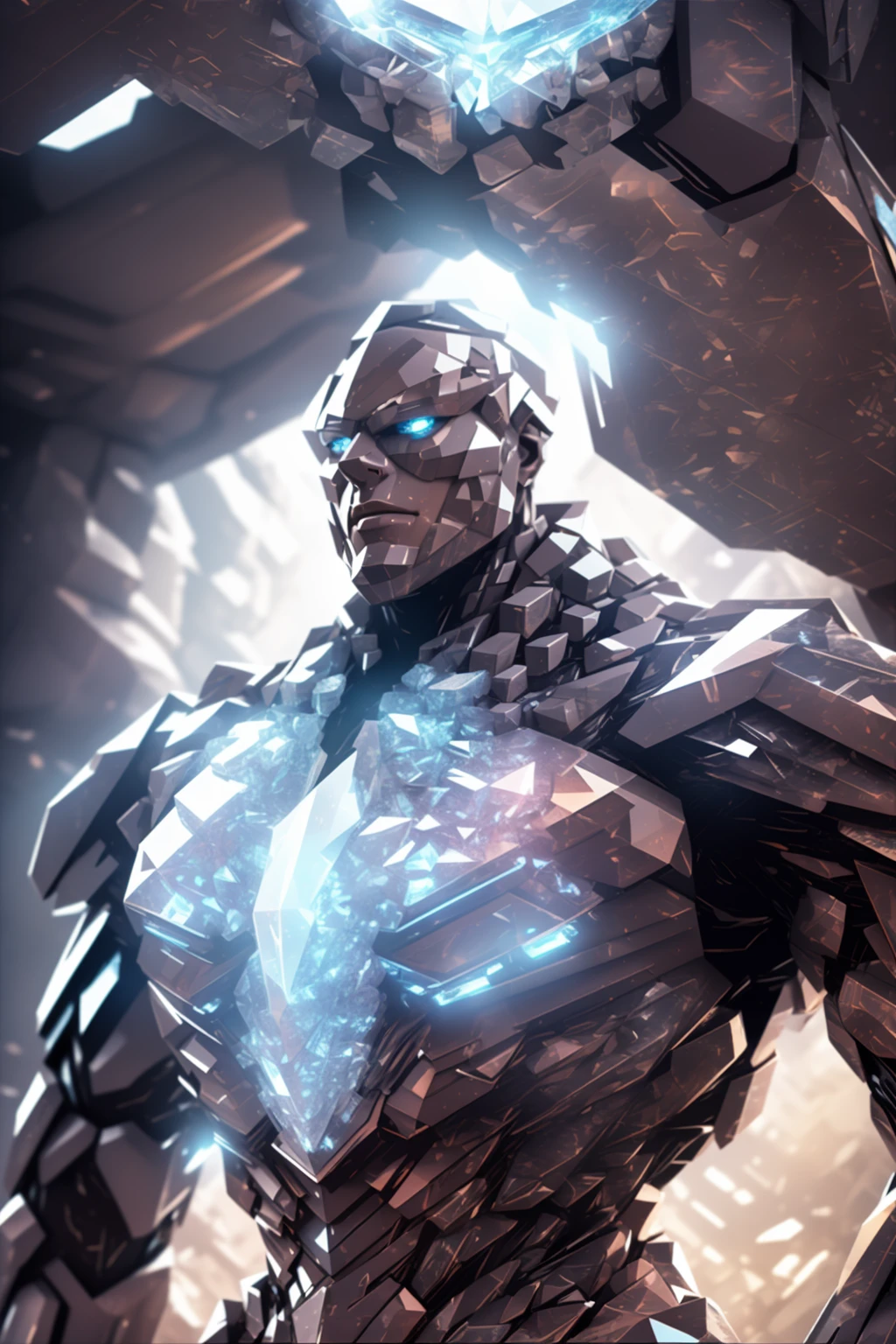 crystal, <lora:Crystal-fC-V1:1>, fcPortrait, golem, stone skin, Fragmented Supernova, Fractured Shards of Crumbling Beauty, Voxel Fractals, Hyper Detailed, Fragments, Eldritch, bodybuilder