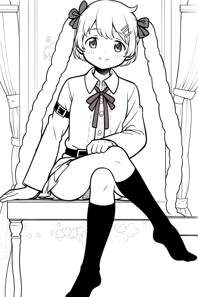 lineart, monochrome,masterpiece,bast quality,official art,8K wallpaper,game cg,1girl, solo, skirt, smile, sitting, shirt, twintails,thighhighs, two side up, looking at viewer, long sleeves, hair ornament, crossed legs, collared shirt, hair ribbon,shirt,ribbon,hair, closed mouth, kneehighs, hairclip, full body, long hair, belt, bangs, no shoes, pleated skirt, blush,hair, hand on own knee, <lora:mifuyu:1>