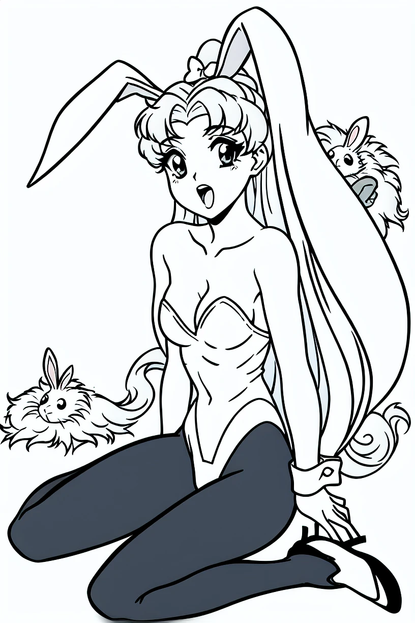 lineart, monochrome,masterpiece, best quality, 1girl, animal_ears, bangs, bare_shoulders,leotard, bow, breasts, legwear, cleavage, collarbone, crescent, crescent_hair_ornament, fake_animal_ears, hair_bow, hair_ornament, high_heels, leotard, long_hair, looking_at_viewer, open_mouth, pantyhose,bunny, rabbit_ears ,footwear, shoes, simple_background, sitting, small_breasts, solo, strapless, very_long_hair, wariza, white_background, wrist_cuffs, <lora:90sv1.6R:0.7>
