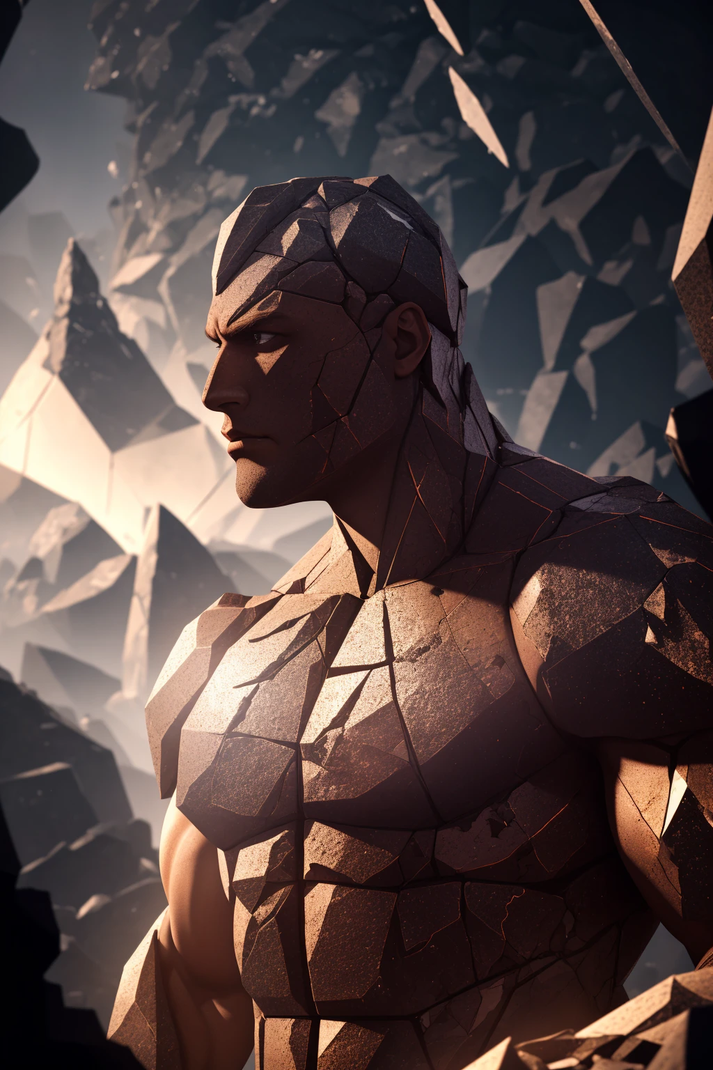fcPortrait, golem, stone skin, Fragmented Supernova, Fractured Shards of Crumbling Beauty, Voxel Fractals, Hyper Detailed, Fragments, Eldritch, bodybuilder