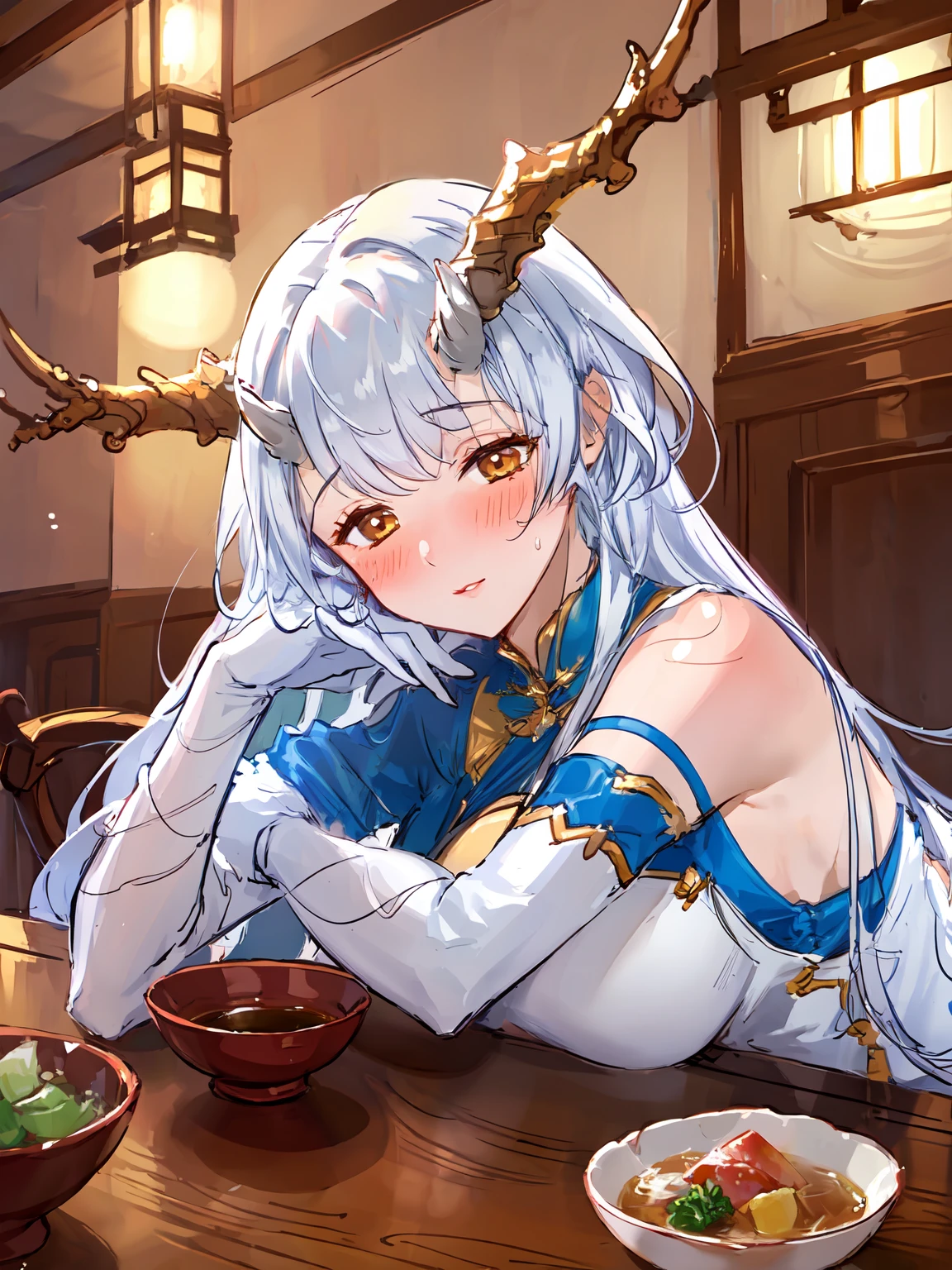 masterpiece,best quality,highres,1girl,<lora:ShadowverseSilongV6:0.75>,1girl,silong,horns,white dress,white gloves,white thighhighs,shy,sweaty,table,drunk,bowl,sake,from side,upper body,elbows on desk,questioning,(blush:1.2),lying on the table,sitting,(half-closed eyes:0.5),detached sleeves