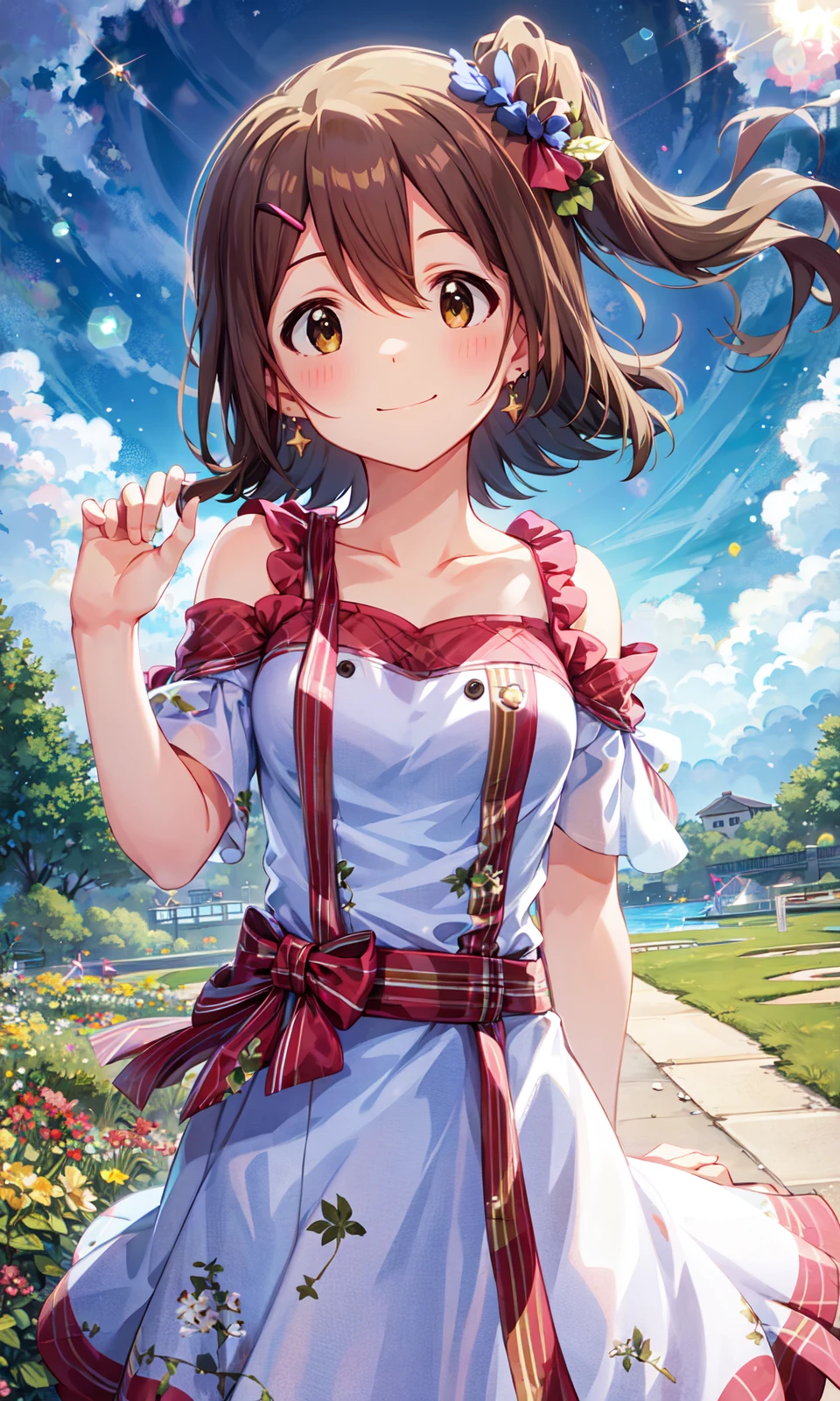 mirai kasuga (million live), (best quality, 8K, masterpiece, ultra detailed:1.2), wide shot, depth of field, light particles, lens flare, sparkle, shiny skin, backlighting,
gredient sky, beautiful clouds, constellation, reflective floor, wildflowers, surreal colors, glowing foliage, otherworldly atmosphere,
1girl, solo, collarbone, wind, floating hair, (hairclip), slight smile, blush, earrings