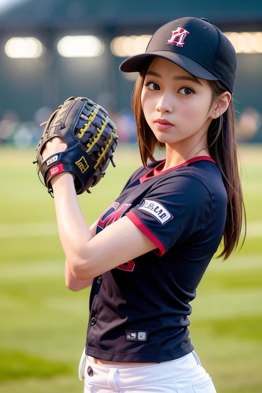 <lora:betterCuteAsian03:0.3>, a woman playing baseball is catching a ball, (holding baseball glove, wearing baseball_uniform:1.3), black uniform, 
good hand,4k, high-res, masterpiece, best quality, head:1.3,((Hasselblad photography)), finely detailed skin, sharp focus, (cinematic lighting), night, soft lighting, dynamic angle, [:(detailed face:1.2):0.2],(((inside_stadium))),    <lora:baseball_uniform:0.5>