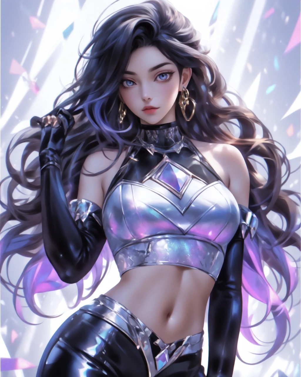 best quality, 1girl, solo, long hair, breasts, looking at viewer, black hair, gloves, navel,  jewelry, large breasts, bare shoulders