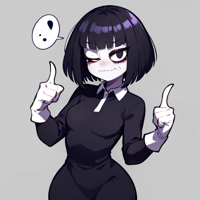 Susie, short hair, bags under eyes, right eye half closed, grey skin, wavy mouth, black eyeliner, standing, pointing at viewer,
SuDr, tight long black dress with white collar, long sleeves, long white gloves,
(insanely detailed, beautiful detailed face, masterpiece, best quality) <lora:Susie-10:0.8>
