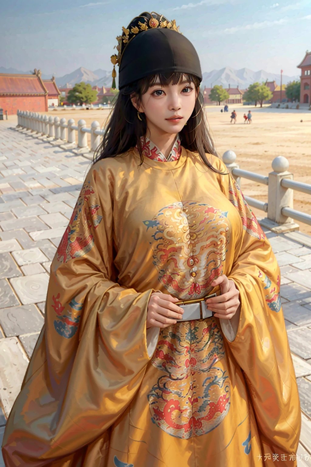 1girl, long hair, yellow dragon_gown, masterpiece, best quality, photorealistic, Forbidden City background <lora:Han_Ye_Seul_v3:1>