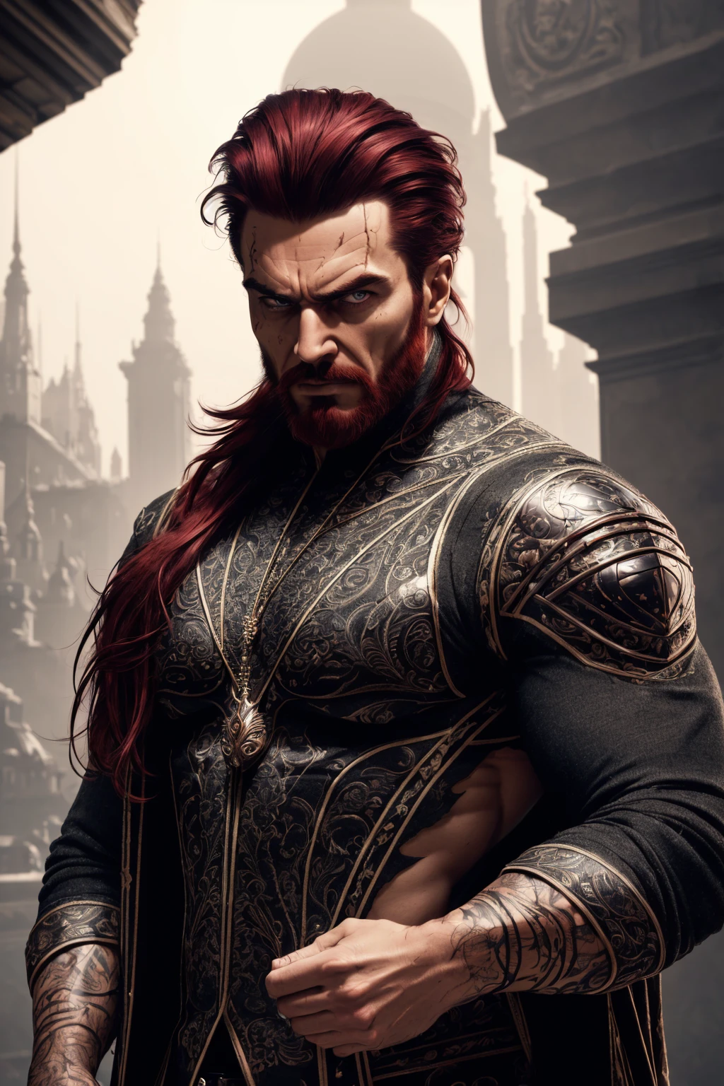 bodybuilder, fcPortrait, (masterpiece), (extremely intricate), fantasy, (((photorealistic photo of an evil hermit, male, villain, anti hero, evil face, masculine face, medium hair, Maroon hair, wicked, cruel, sinister, malicious, ruthless, masculine, athletic))), (((dark bloody clothing, intricate details on clothing))), (perfect composition:1.4), aspect ratio 1:1, beach, deviantart hd, artstation hd, concept art, detailed face and body, award-winning photography, margins, detailed face, professional oil painting by Ed Blinkey, Atey Ghailan, Jeremy Mann, Greg Manchess, Alex Gray, trending on ArtStation, trending on CGSociety, intricate, high detail, sharp focus, dramatic, award winning matte drawing cinematic lighting octane render unreal engine volumetrics dtx