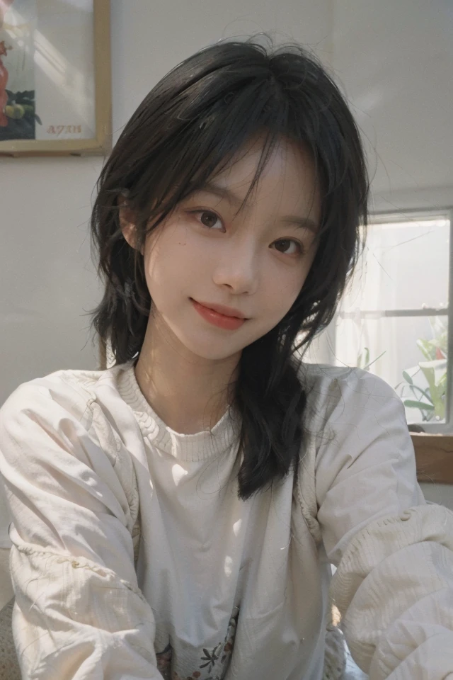 8K,Best quality, masterpiece, ultra high res, (photorealistic:1.4), raw photo, (Authentic skin texture:1.3), (film grain:1.3), (selfie angle),1girl,beautiful detailed eyes and face,masterpiece, best quality, <lora:dull_ouuo-10:0.5:FACE>,(warm light:1.5),light smile,