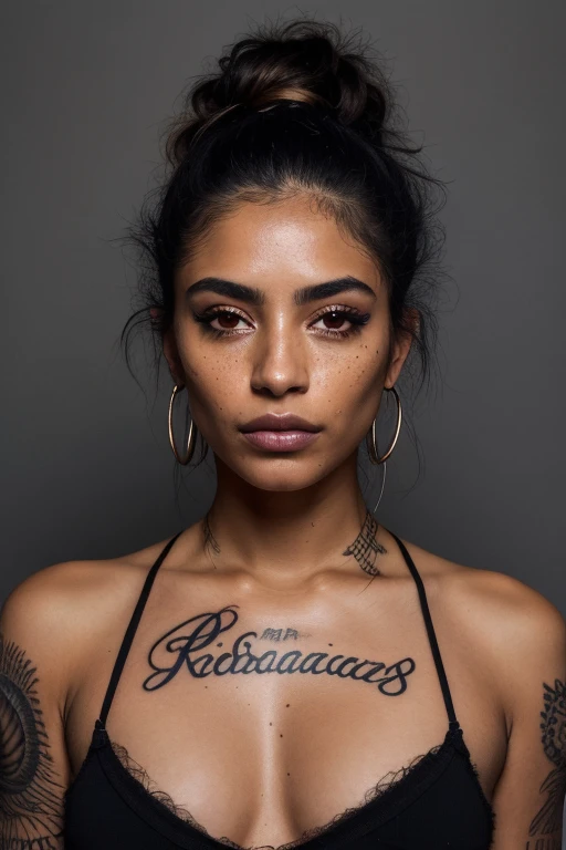 a photo of a seductive Hispanic/Latinx woman with loose styled hair, bored, she is wearing a T-Shirt and Cropped pants, (tattoos:1.1), mascara, (textured skin, skin pores:1.2), (moles:0.8), (imperfect skin:1.1), intricate details, goosebumps, flawless face, (light freckles:0.9), ((photorealistic):1.1), (raw, 8k:1.2), dark, muted colors, slate atmosphere
