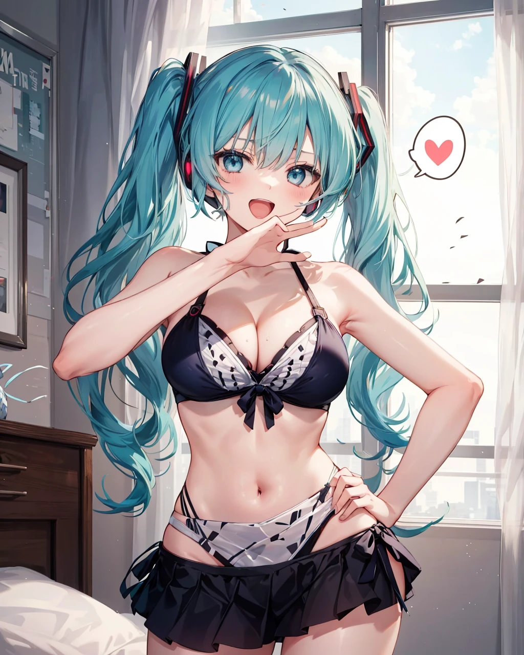 1girl,solo,ojou-sama pose, laughing,   <lora:OjouSamaPose:1>,naughty face, open mouth,large breasts,blue hair, very long hair, mirco_bikini,,indoors,bedroom,bare arms,spoken heart, hand on hip, hatsune miku,