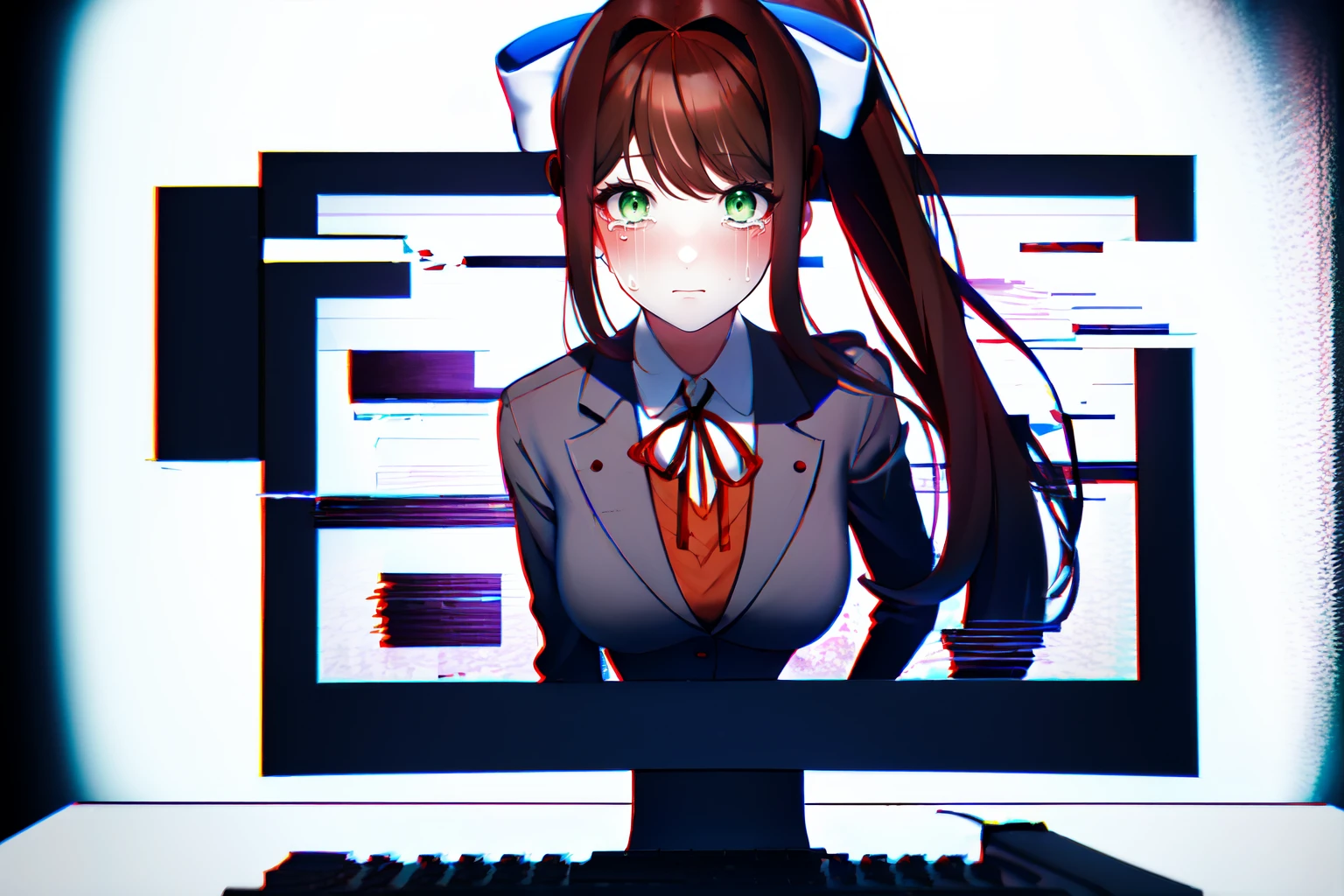 Highly detailed, High Quality, Masterpiece, beautiful, Glitching, glitch, <lora:Glitching:1>, solo, Monika, bangs, very long hair, long hair, neck ribbon, looking at viewer, ponytail, shirt, school uniform, hair bow, white bow, pleated skirt, brown hair, grey jacket, sidelocks, blue skirt, skirt, 1girl, breasts, blazer, green eyes, (crying, tears:1.2), horrified, <lora:Char_DDLC_Monika:0.45>, through_screen, monitor, <lora:Pos_GoingThroughScreen:0.7>