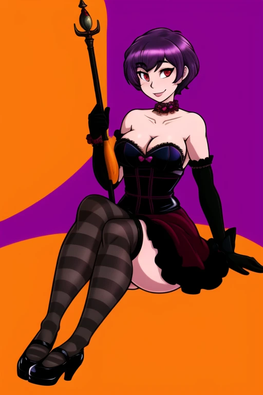 <lora:adjatha:0.85>, adjatha, masterpiece, best quality, 1girl, thighhighs, black dress, black gloves, gloves, striped thighhighs, striped, dress, short hair, solo, red eyes, sitting, halloween, official alternate costume, breasts, halloween costume, frills, alternate costume, frilled dress, strapless, strapless dress, pink hair, holding, wand, black thighhighs, smile, full body, looking at viewer, purple hair, large breasts, collarbone, choker