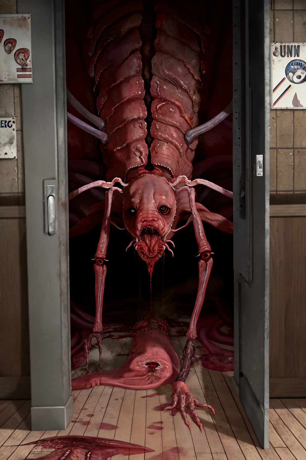 <lora:reelhorrorv1_29_weird_e:1> reelhorror,  looking at viewer, ribs, monster, centipede, humanoid, tongue, lying, indoors, dismembered body, flesh, drooling,  blood, realistic,  messy, pov scene, pov, trash