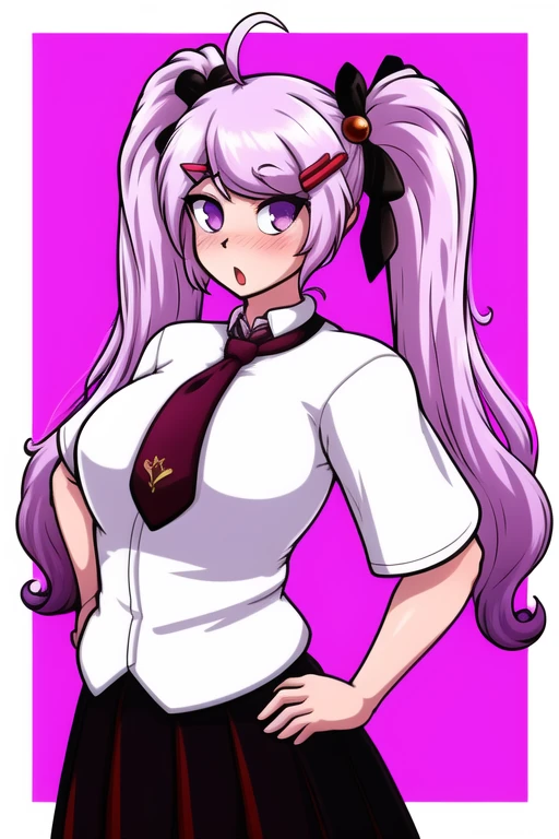 <lora:adjatha:0.85>, adjatha, masterpiece, best quality, 1girl, solo, twintails, long hair, necktie, red necktie, white capelet, skirt, hands on hips, ribbon, school uniform, hair ornament, hair ribbon, black ribbon, white skirt, hair intakes, pleated skirt, bangs, capelet, white shirt, shirt, purple hair, looking at viewer, purple eyes, white border, very long hair, x hair ornament, shiny hair, open mouth, blush, shiny, :o, v-shaped eyebrows, border, breasts, short sleeves, ahoge, standing, outside border, floating hair, collared shirt, hairclip, sidelocks, upper body