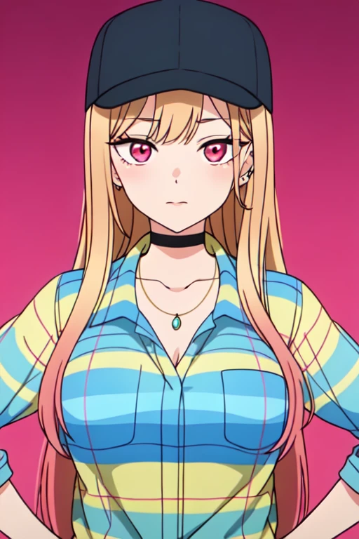 ((extreme detail)),(ultra-detailed), extremely detailed CG unity 8k wallpaper, <lora:MarinKitagawa:0.7>marin kitagawa, anime screencap, baseball cap, blue and yellow striped shirt, choker, necklace, hands on hips, looking at viewer, closed mouth, necklace, upper body, pink background