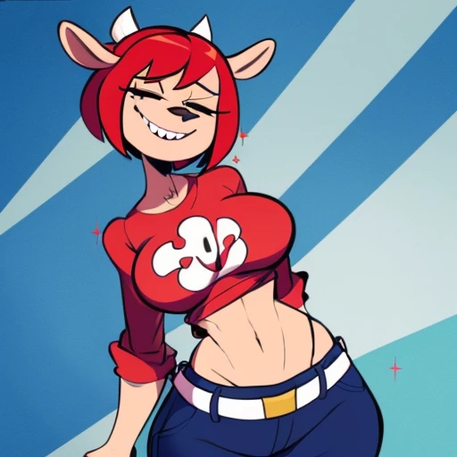 Lammy, furry female, deer ears,half-closed eyes, animal ears, short red hair , standing, smiling, solo,
LMattire, short ,sleeves, red shirt, jeans belt, crop top, midriff
(insanely detailed, beautiful detailed face, masterpiece, best quality) <lora:Lammy-09:1>