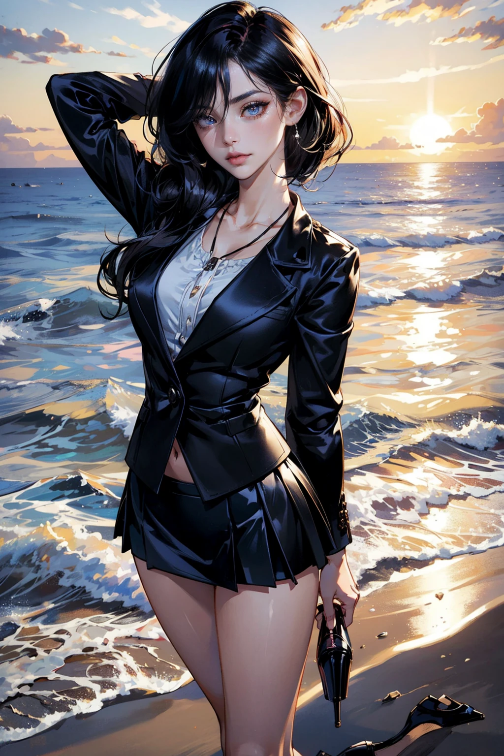 (8K, HDR, highres), ((((hyperrealism, masterpiece, best quality, ultra highres)))), (pin light, cinematic light), (hyper detail, finely detailed),
(((1girl))), A picturesque coastline at dusk, where pale sand and soft waves merge. It allows you to experience the beauty of the evening and the tranquility of the beach. (Pale sand) (Soft waves) (Beauty) (Tranquility), magical realism,  still, cowboy shot,
pixie bob, large breasts:0.3, Natural breasts:0.3, (slim waist, wide hip:1.2, large pelvis:1.3), (hip_up), (thick thighs and legs), oiledwet:1.4, 
((detailed beautiful face)), (perfect eyes, detailed eyes), (detailed facial features), beautiful and clear eyes, detail eye pupil, lipgloss, (Eyelashes:1.4), detailed hair, (((hair over one eye))), glossy, perfect hands,
seduced_face,
(blazer:1.1), (((black mini skirt, silk blouse))), (Korean:1.3, japanese:1.2), tight, (((pubic hair:1.5, high heels))), 
oval earrings, necklace, shoulder bag, 
<lora:GoodHands-beta2:1>, <lora:tangbohu-detailer_1.0:0.5>, <lora:[NSFW]NaturalLargeBreasts:0.3>, pureerosface_v1:0.2, <lora:koreanDollLikeness:0.2>,