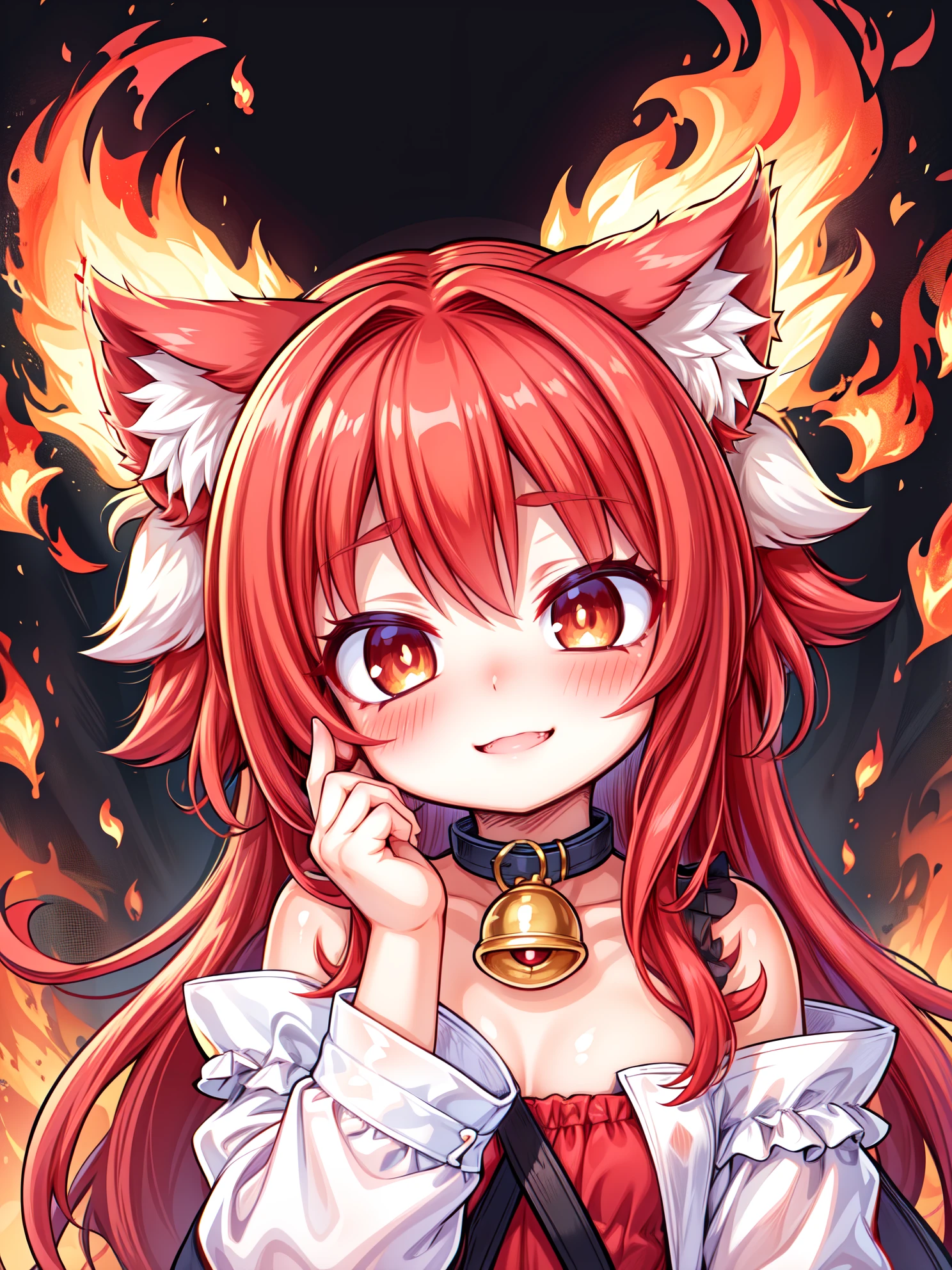 masterpiece, best quality, highres, absurdres, ultradetailed, 1girl, cute, petite, animal ears, blush, hand on face, head tilt, bright red hair, flame, fire, hair flaps, neck bell, crazy eyes, crazy smile, ears up,