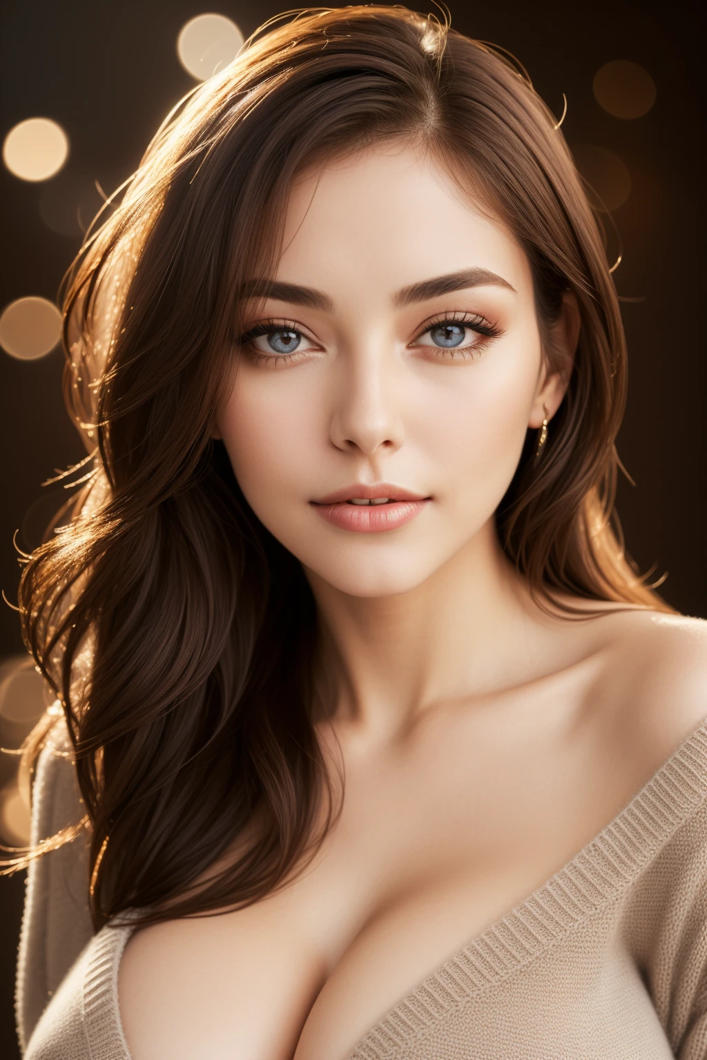 huge breasts, Sweater, slim waist, <lora:PerfectFullBreasts-fCV3:1>, (sharp focus:1.2), portrait, ((posing)), (beautiful face:1.1), detailed eyes, luscious lips, ((skindentation)), (bright studio lighting:1.2), depth of field, bokeh, 4K, HD