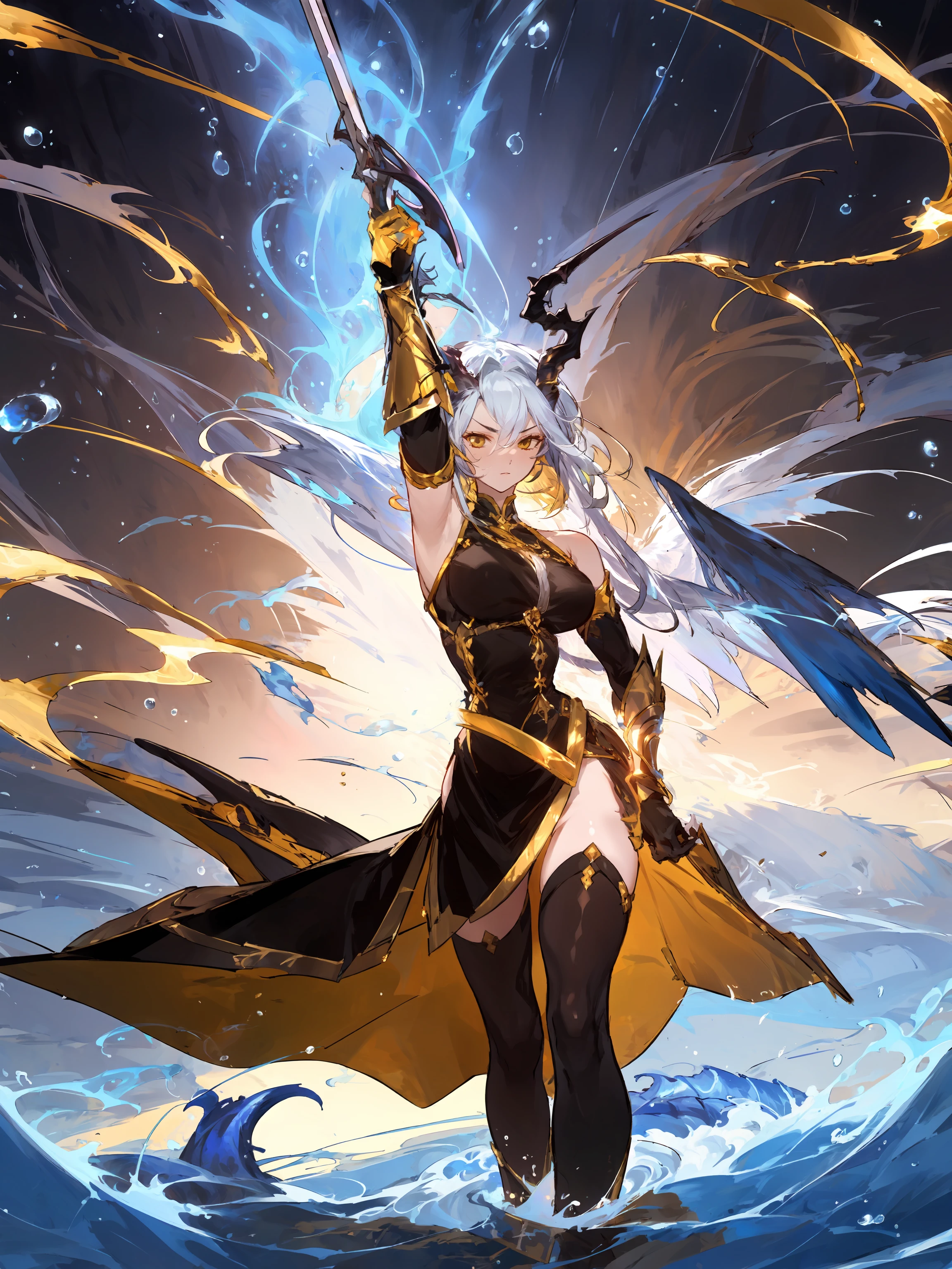 masterpiece,best quality,1girl,<lora:ShadowverseSilongV6:0.7>,black dress,black thighhighs,gold-trimmed,gloves,detached sleeves,mizuchi,single horn,tail,single wing,portrait,(shaded face:1.1),water,serious,holding sword,fighting stance,magic,gold gauntlets,action pose,<lora:watervfxCreateMore_v1:0.2> ,close-up,thigh strap,<lora:add_detail:0.25> 