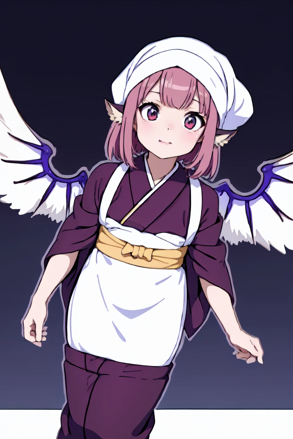 animal_ears, (sash code:1.3), (white_tasuki wings:1.1), (okamisty:1.5), (mystia lorelei:1.2), lips, (maroon_kimono:1.4), (blue_headscarf:1.5), (indigo blue_apron:1.2), (pink hair:1.2), <lora:oka_mysty2:0.2>, (megami_magazine:1.5), (white outline vector art:1.5), (anime_coloring:1.5), <lora:flat_color:0.3>, (realistic_nose:-1)