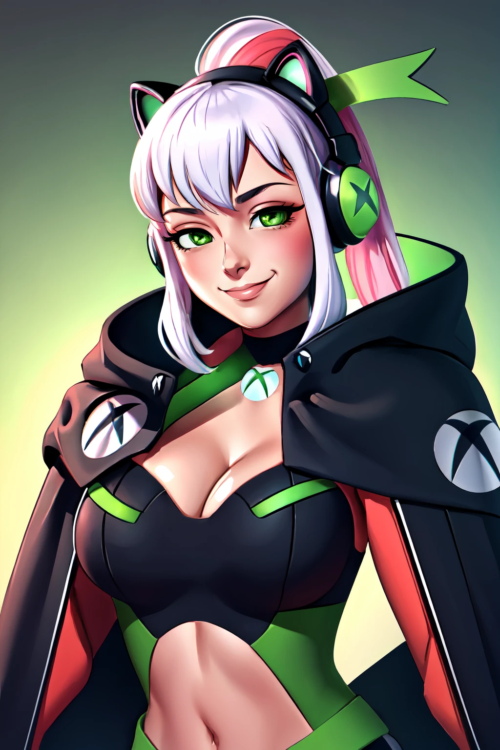 Highly detailed, High Quality, Masterpiece, beautiful, CatEarHeadphones, <lora:HeadphonesWithCatears:1>, solo, 1girl, cowboy shot, xbox-chan, ponytail, green hair ribbon, clothing cutout, stomach cutout, cape, gloves, <lora:Char_Meme_Xboxchan:0.9>, smile, blush, naughty face,