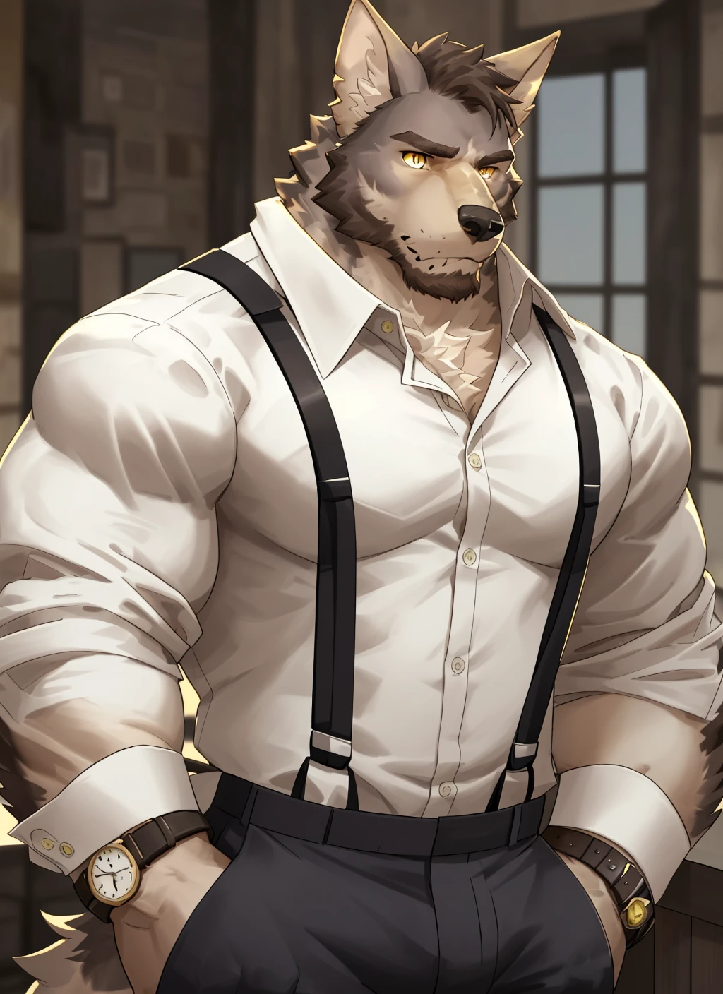 <lora:william-08:1>, william adler, solo, shirt, 1boy, white shirt, upper body, male focus, collared shirt, pants, looking to the side, suspenders, pectorals, sleeves rolled up, watch, wristwatch, wolf ears, beard, yellow eyes, detailed eyes