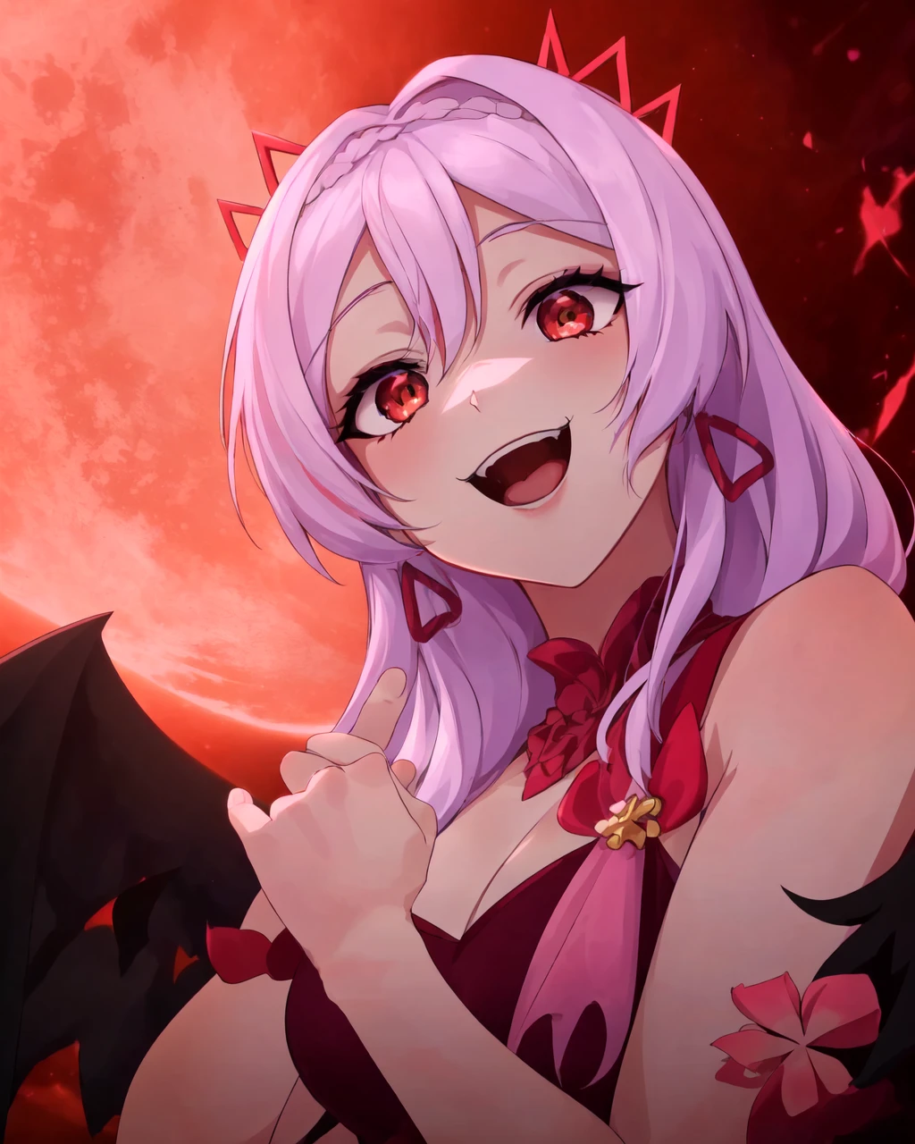 <lora:e7 Abigail:0.75> e7 Abigail with her wings, dynamic shot, under a red moon, with her wings extended, laughing with a crazy face,
(masterpiece), best quality, highres, 4k, 8k, Detailed Illustration, intricate detail, cinematic lighting, amazing quality, 1girl, fit female, amazing shading, soft lighting, facing camera, perfect eyes,