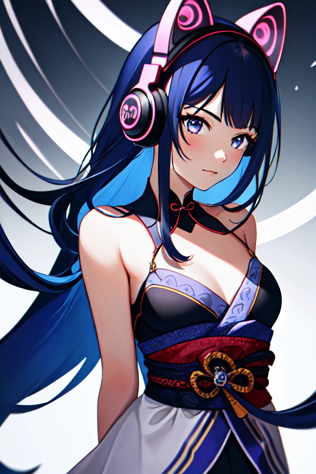 Highly detailed, High Quality, Masterpiece, beautiful, CatEarHeadphones, <lora:HeadphonesWithCatears:1>, solo, 1girl, cowboy shot, Raiden_Shogun_\(genshin impact\), Raiden_Shogun:1.2, blue hair, long hair, <lora:Char_GenshinImpact_RaidenShogun:0.8>