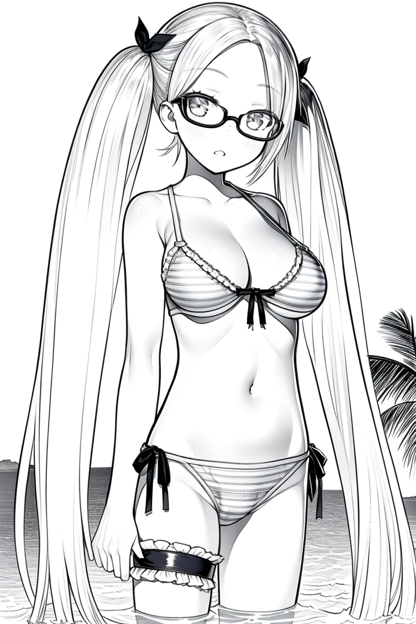 lineart, monochrome,masterpiece,bast quality,official art,8K wallpaper,game cg, 1girl, solo, medeiros \(magiarecord\),solo,semi-rimless eyewear, large breasts,soul gem on forehead, navel, eyes, twintails,swimsuit, hair,one-piece swimsuit, looking at viewer, thigh strap, standing, leg garter, bow,very long hair,twintails, short hair,sky ,cloud,palm trees, <lora:ACapriccio-000007:1>