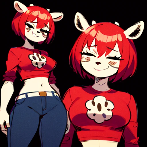 Lammy, furry female, deer ears,half-closed eyes, animal ears, short red hair , standing, smiling
LMattire, short ,sleeves, red shirt, jeans belt, crop top, midriff
(insanely detailed, beautiful detailed face, masterpiece, best quality) <lora:Lammy-10:0.8>