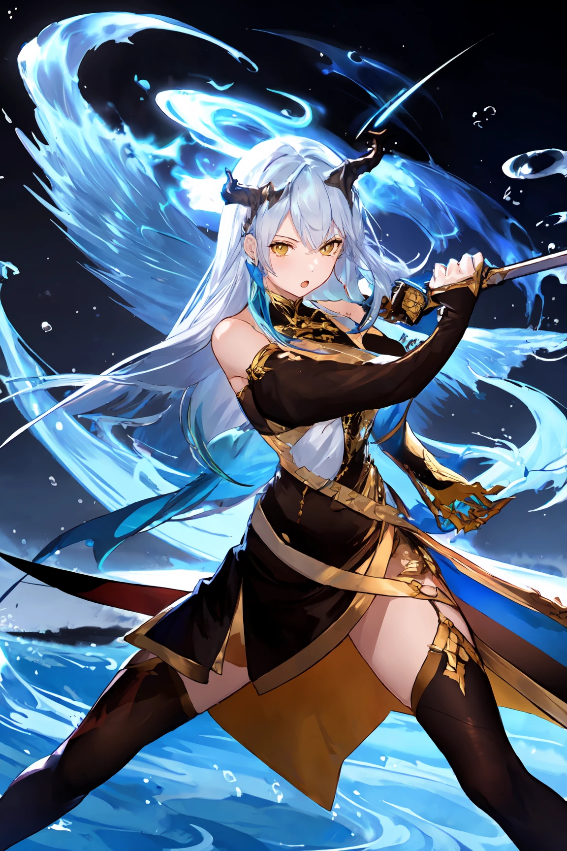 masterpiece,best quality,1girl,<lora:ShadowverseSilongV6:0.7>,black dress,black thighhighs,gold-trimmed,gloves,detached sleeves,mizuchi,single horn,tail,single wing,portrait,(shaded face:1.1),water,serious,:o,holding sword,fighting stance,magic,action pose,<lora:watervfxCreateMore_v1:0.25> 