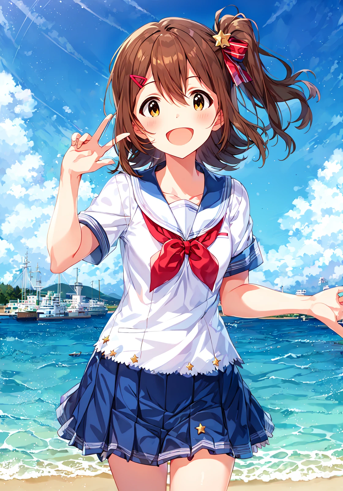 mirai kasuga (million live), shiny trinity \(costume\), (best quality, 8K, masterpiece, ultra detailed:1.2), sea, day, dappled sunlight, blue sky, beautiful clouds, gradient sky, boat, skyline,
1girl, solo, skirt, smile, open mouth, v, looking at viewer, white sailor collar, blue shirt, sailor collar, blue skirt, pleated skirt, short sleeves, :d, shirt, school uniform, blush, serafuku, collarbone, bow, ribbon, blue bow, (star hairclip)