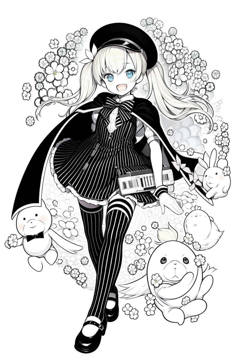 lineart, monochrome,masterpiece, best quality, 1girl, :d, animal, black_legwear, blonde_hair, blue_eyes, bow, bowtie, bunny, cape, cherry_blossoms, confetti, gloves, hat, kirima_sharo, looking_at_viewer, mary_janes, monocle, open_mouth, page_number, petals, pinstripe_pattern, shoes, simple_background, smile, striped, striped_bow, striped_legwear, thighhighs, twintails, vertical-striped_legwear, vertical_stripes, watch, white_gloves, <lora:ACapriccio-000007:1>