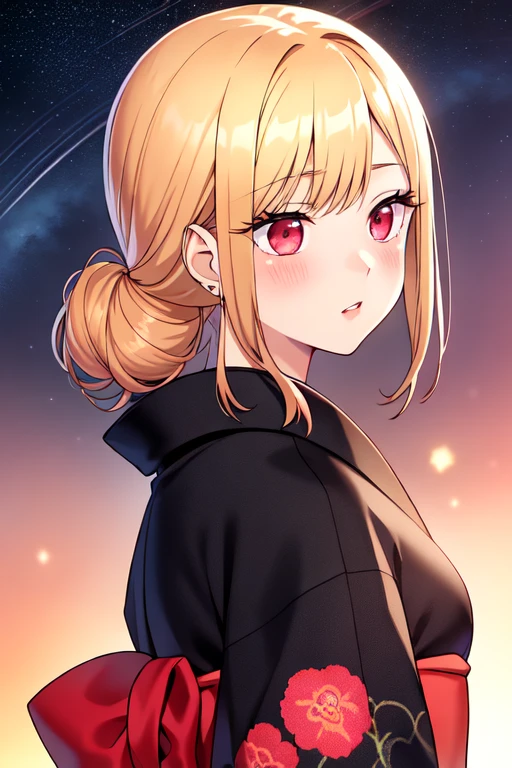 ((extreme detail)),(ultra-detailed), extremely detailed CG unity 8k wallpaper, <lora:MarinKitagawa:0.7>marin kitagawa, parted lips, updo, kimono, head turn, looking away, from side, upper body, night sky, stars, blush,