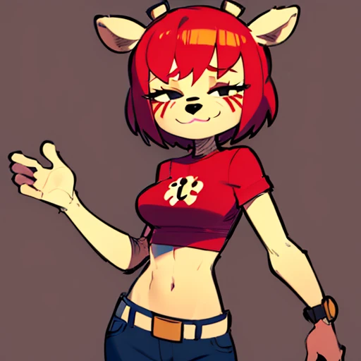 Lammy, furry female, deer ears,half-closed eyes, animal ears, short red hair , standing, smiling
LMattire, short ,sleeves, red shirt, jeans belt, crop top, midriff
(insanely detailed, beautiful detailed face, masterpiece, best quality) <lora:Lammy-10:0.8>