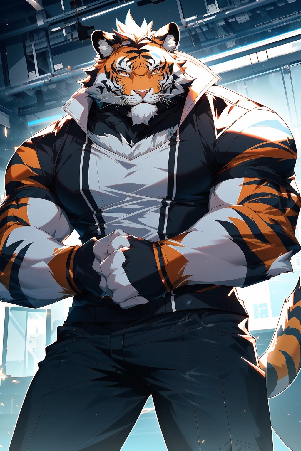 nj5furry, 1boy, male focus, solo, muscular, muscular male, furry male, bara, animal ears, furry, tiger boy, tiger ears, pectorals, thighs, <lora:nj5furry-000012:1>