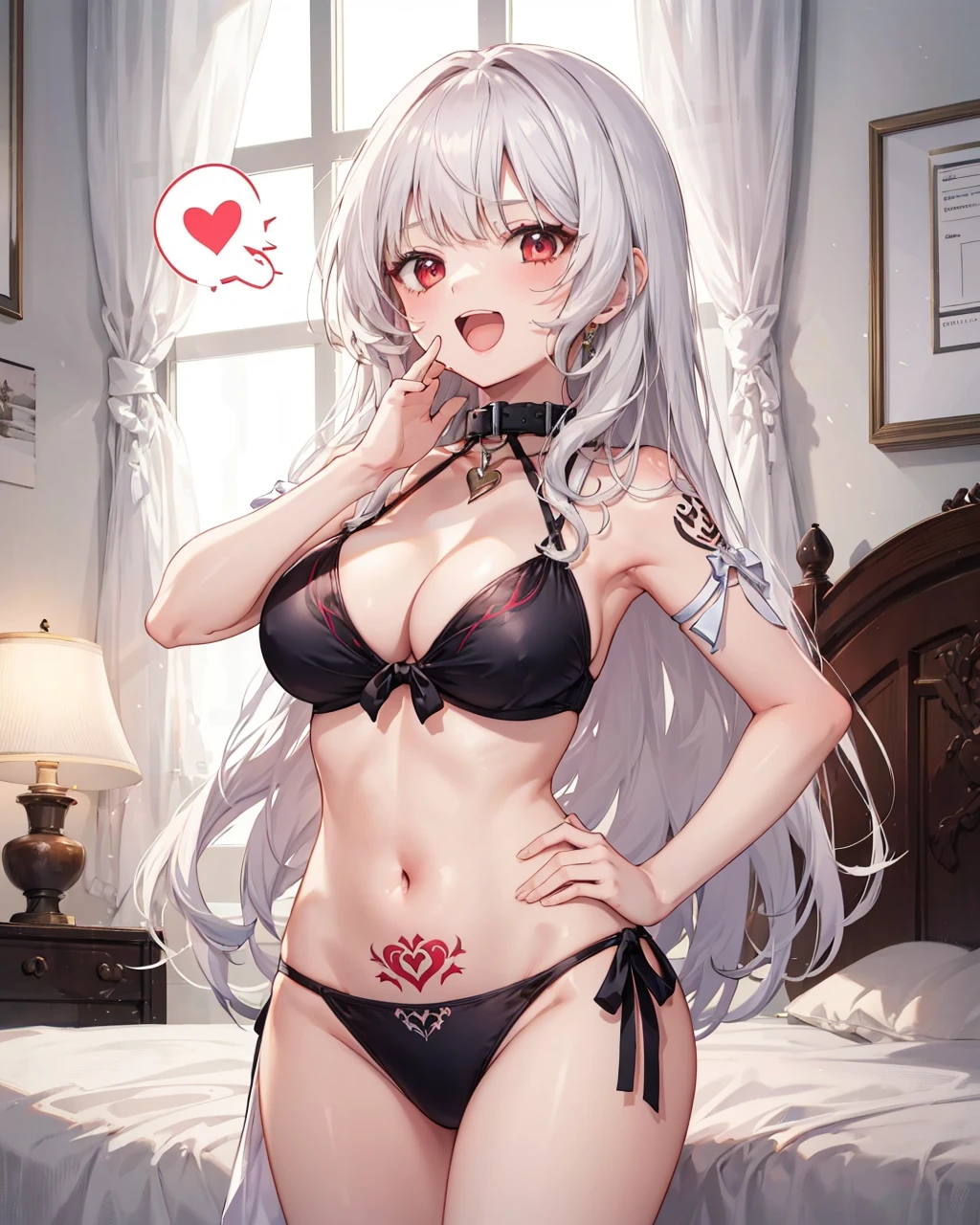 1girl,solo,ojou-sama pose, laughing,   <lora:OjouSamaPose:1>,naughty face, open mouth,large breasts,white,red eyes, very long hair, mirco_bikini,,indoors,bedroom,bare arms,spoken heart, hand on hip, metal collar, pubic tattoo, straight hair,