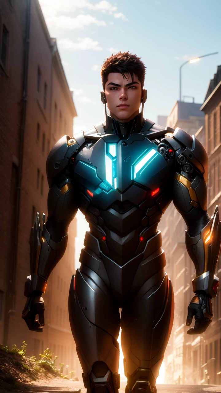 masculine, powerful, perfect male body, handsome male face, cyborg warrior, bishounen, scenery, outdoors, cinematic, glowing light, shine, amazing contrast
