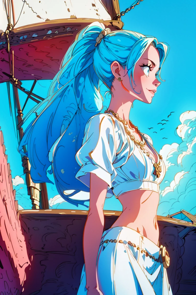 ultra realistic 8k cg, masterpiece, ((ultra detailed background, delicate pattern, intricate detail)), (highly detailed, fine details), best quality, 1girl, (photorealistic:1.4),beautiful lighting,  absurdres, RAW photo, film grain, ((medium breasts, slim girl)), Vivi, 1girl, long hair, blue hair, solo, smile, jewelry, earrings, ((small breasts, slim girl)), cleavage, dress, ponytail, hair ornament, navel, necklace, sky, blue eyes, midriff, cowboy shot, (comlpex detailed background, outside, sunny, ocean environment, hair lift,  big old-style wooden ship, pirate ship, cowboy shot), <lora:BeautifulDetailedEyes:0.4>,  <lora:DetailTweaker:0.5>,  <lora:Vivi10:0.8>