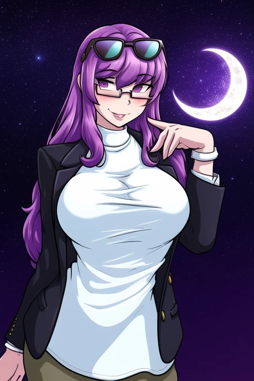 <lora:adjatha:0.9>, adjatha, masterpiece, best quality, 1girl, eyewear on head, solo, breasts, sunglasses, gloves, looking at viewer, large breasts, upper body, purple eyes, shirt, white shirt, smile, purple hair, bangs, parted lips, tinted eyewear, long hair, blush, long sleeves, jacket, hair between eyes, star \(sky\), sky, starry sky, cloud, planet, scenery, space, moon, night sky, night,