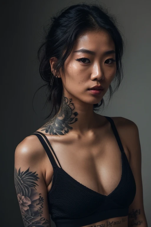 a photo of a seductive Asian woman with loose styled hair, bored, she is wearing a Crop Top and Dress pants, (tattoos:1.1), mascara, (textured skin, skin pores:1.2), (moles:0.8), (imperfect skin:1.1), intricate details, goosebumps, flawless face, (light freckles:0.9), ((photorealistic):1.1), (raw, 8k:1.2), dark, muted colors, slate atmosphere