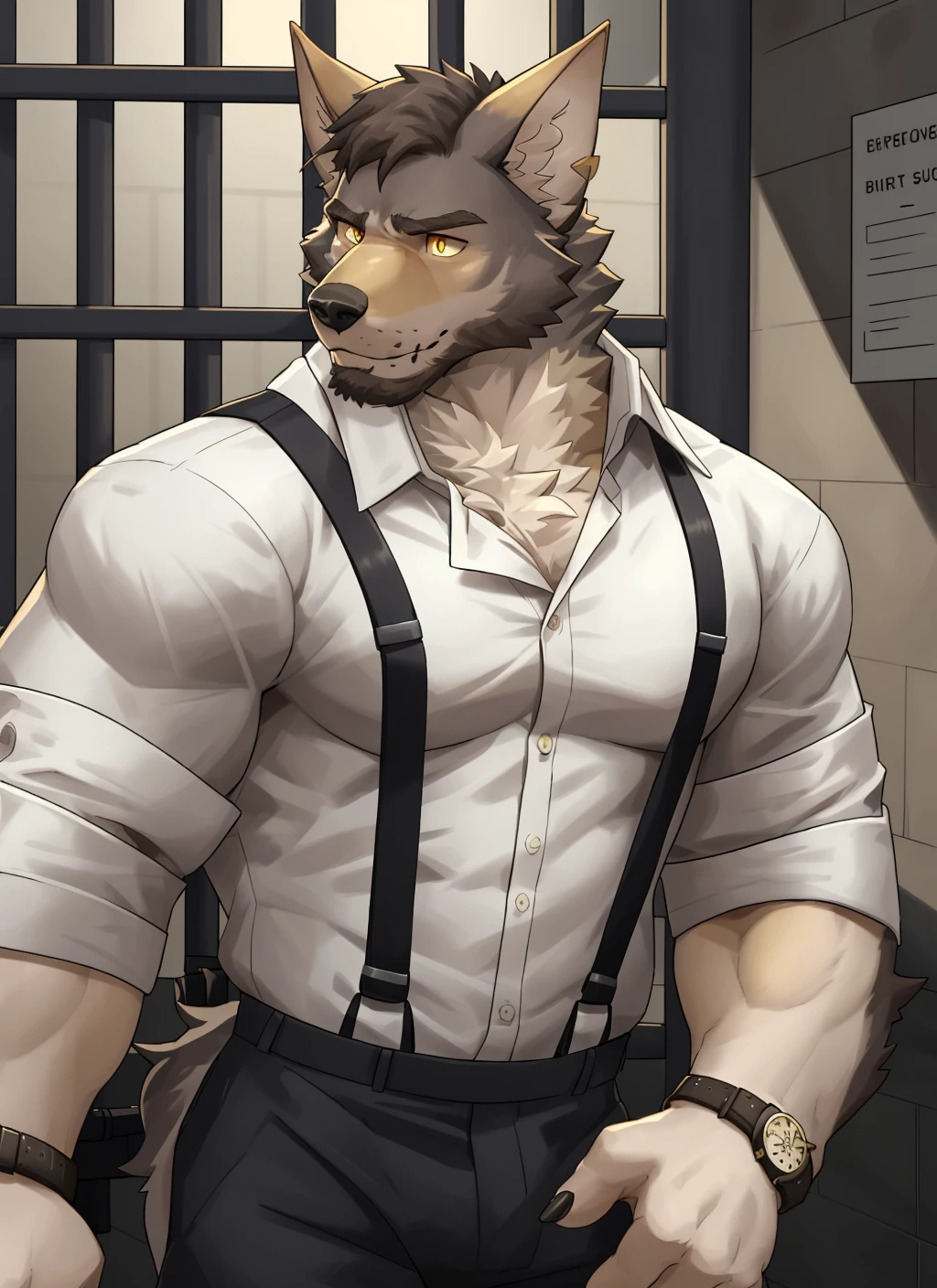 <lora:william-08:1>, william adler, solo, shirt, 1boy, white shirt, upper body, male focus, collared shirt, pants, looking to the side, suspenders, pectorals, sleeves rolled up, watch, wristwatch, wolf ears, beard, yellow eyes, detailed eyes, gun, holding gun, prision, behind bars